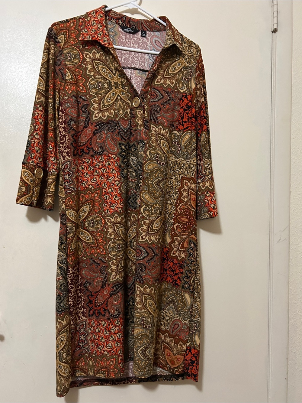 Paisley Midi Shirt Dress in Rust and Olive - Women